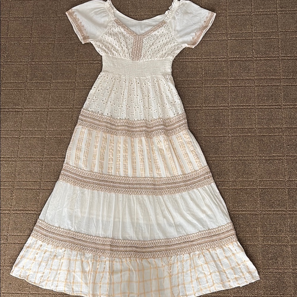 Boho. Cream and Tan Maxi Dress